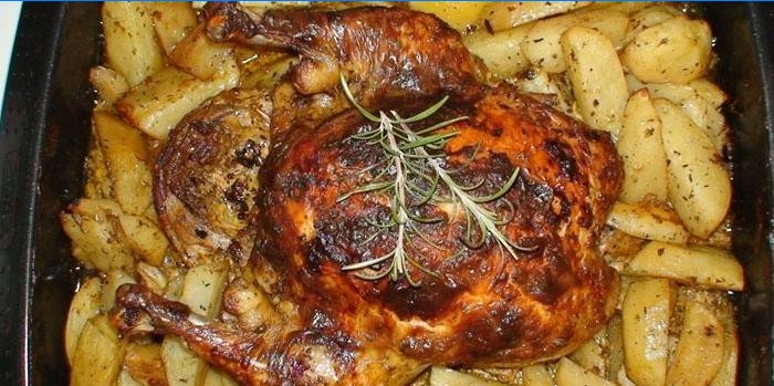 Kylling på en potetpute på en stekeplate