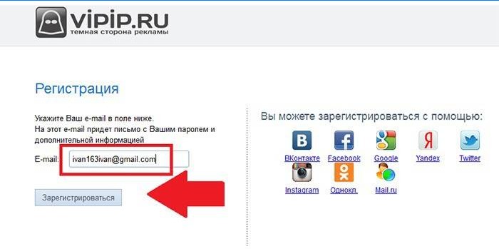 Vipip.ru-siden for registrering