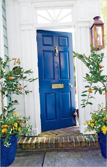 Skinnende gylden plakett på den blå døren