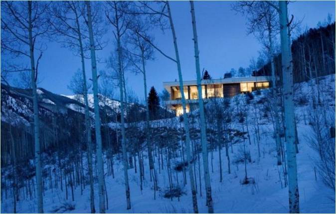 Et hus i en snødekt skog