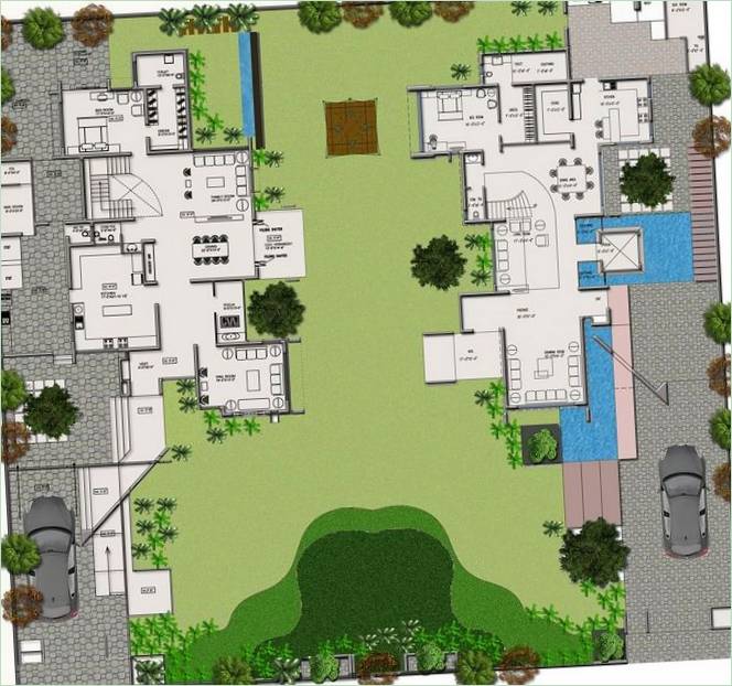 Fargeskjematisk plan for tvillinghus fra VPA Architects