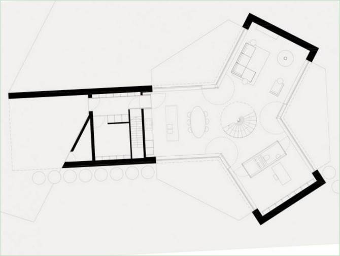 Villa Moerkensheide fra studioet Dieter De Vos Architecten-skjematisk skisse av første etasje