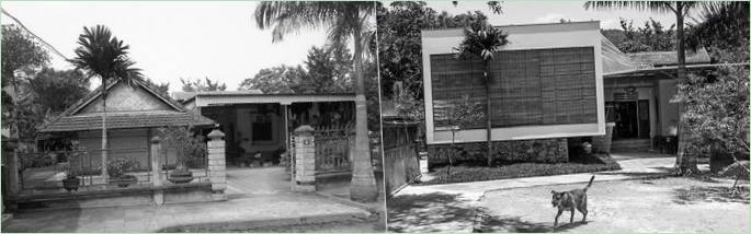 Foto av huset før og etter rekonstruksjon